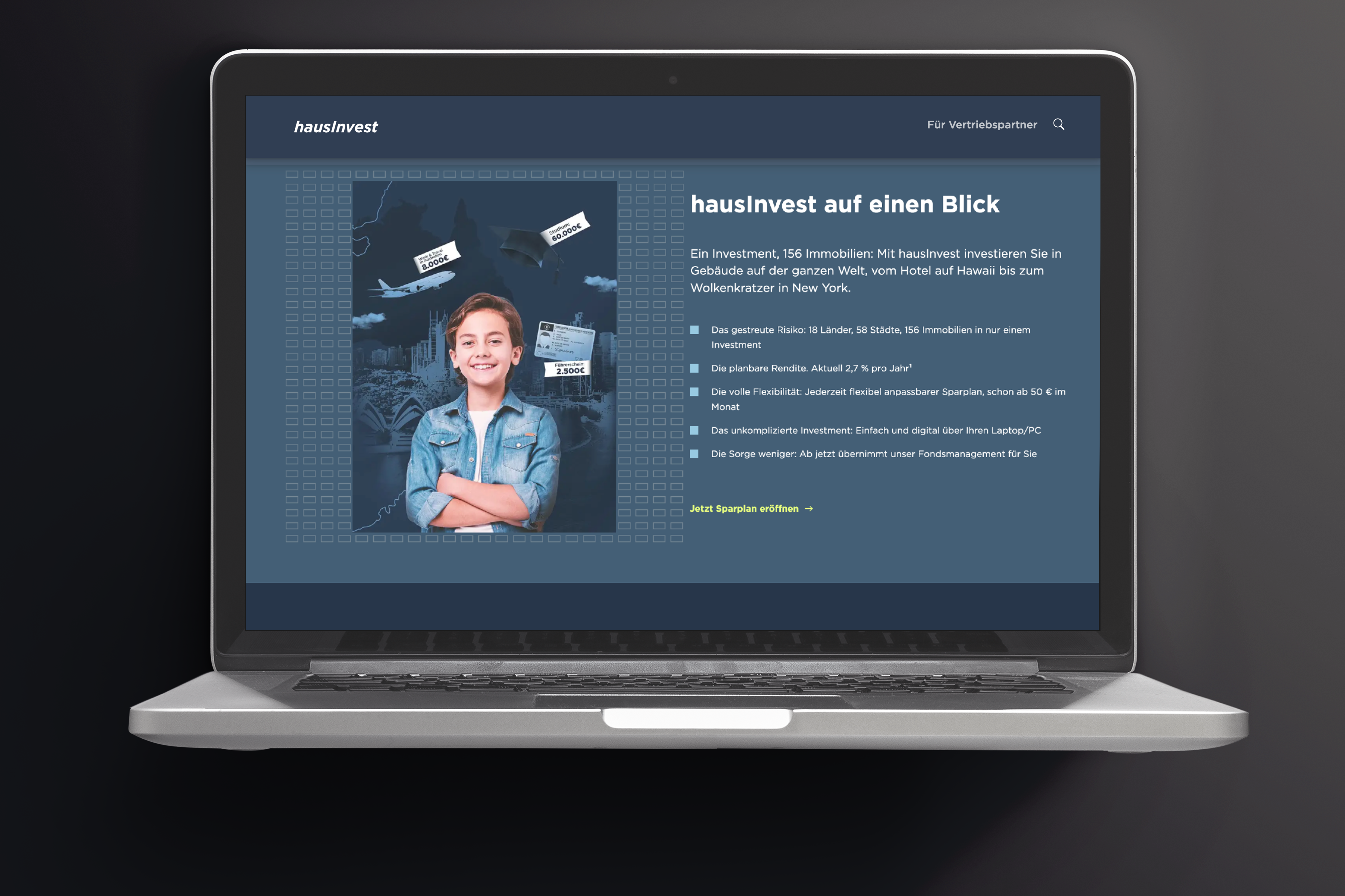 Laptop mit Visualisierung der hausInvest Werbekampagne.
