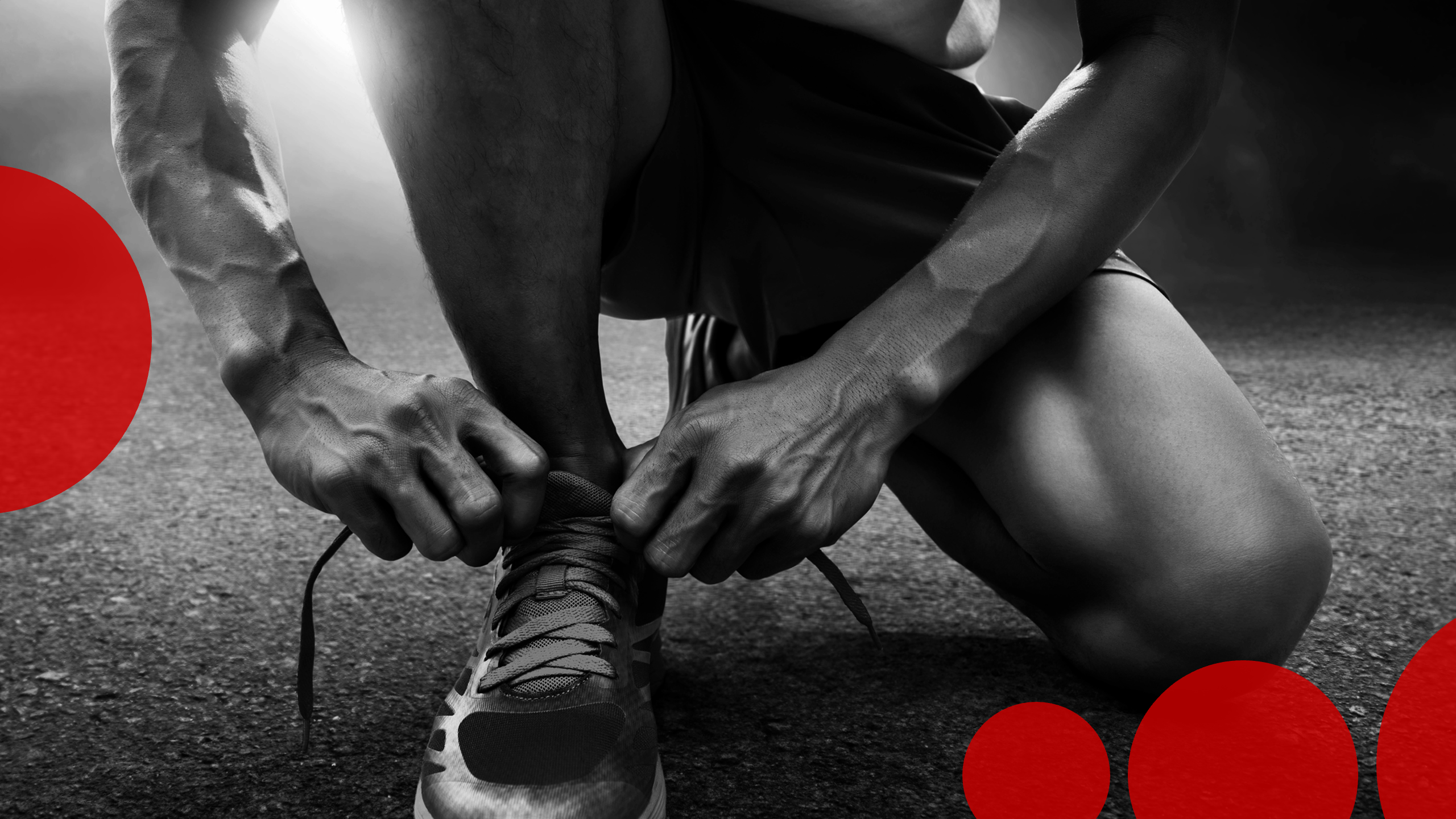 Person, die sich ihre Laufschuhe bindet, umgeben von den drei roten Punkten, die das Return Logo bilden.