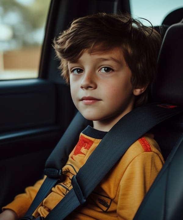 Ein Junge sitzt in einem Kindersitz im Auto.