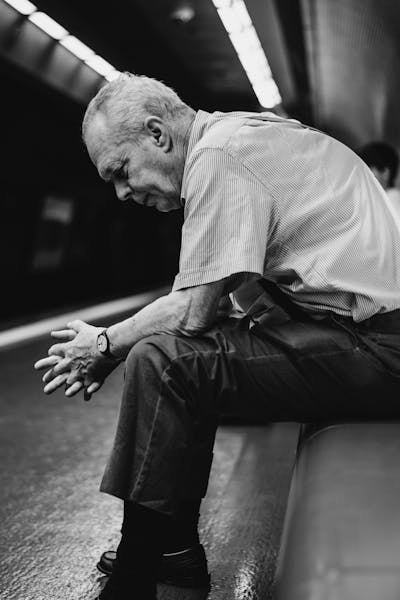 Mann sitzt nach vorne gebeugt auf einer Bank in der U-Bahn