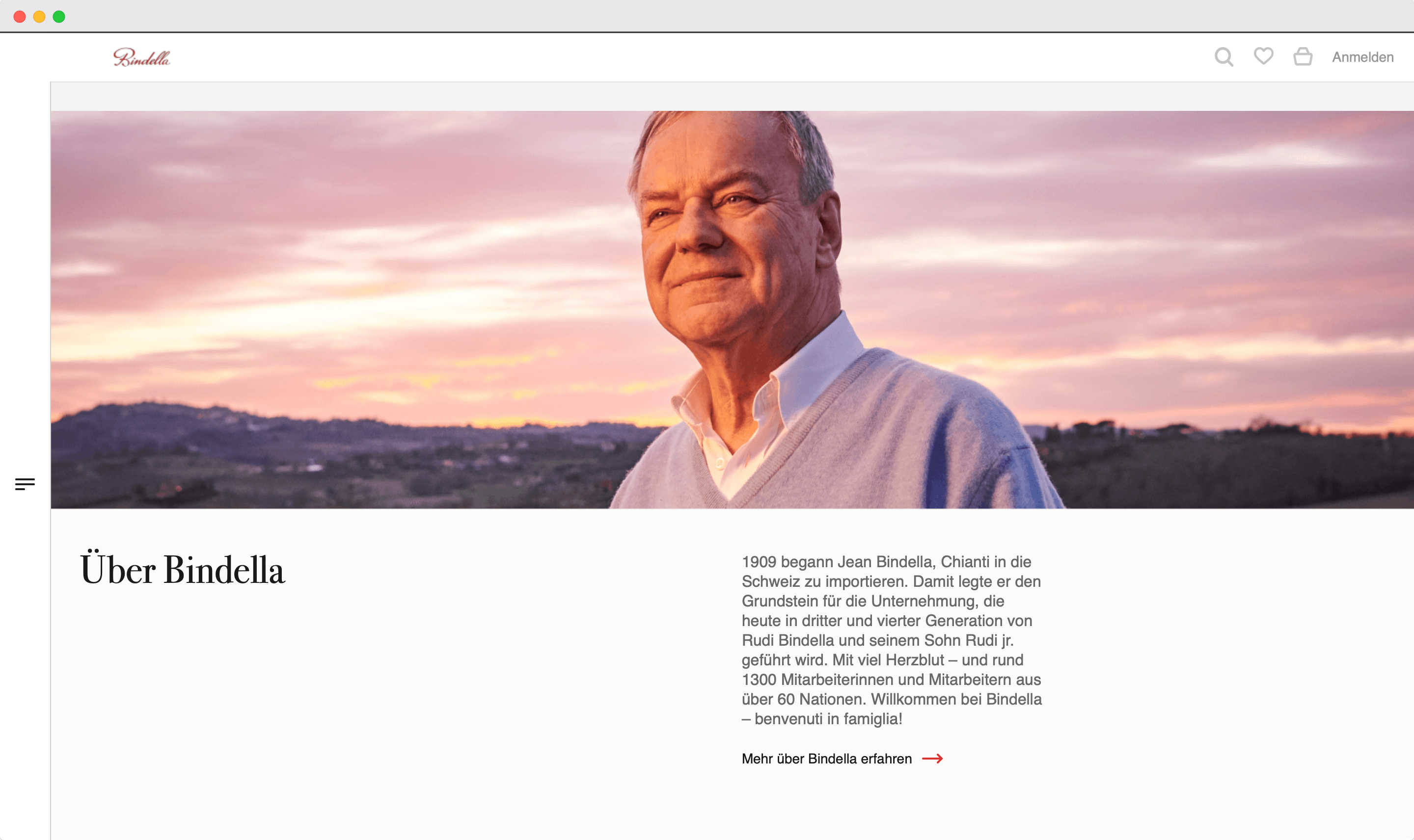 Bereich "Über uns" des neuen Bindella Onlineshop.