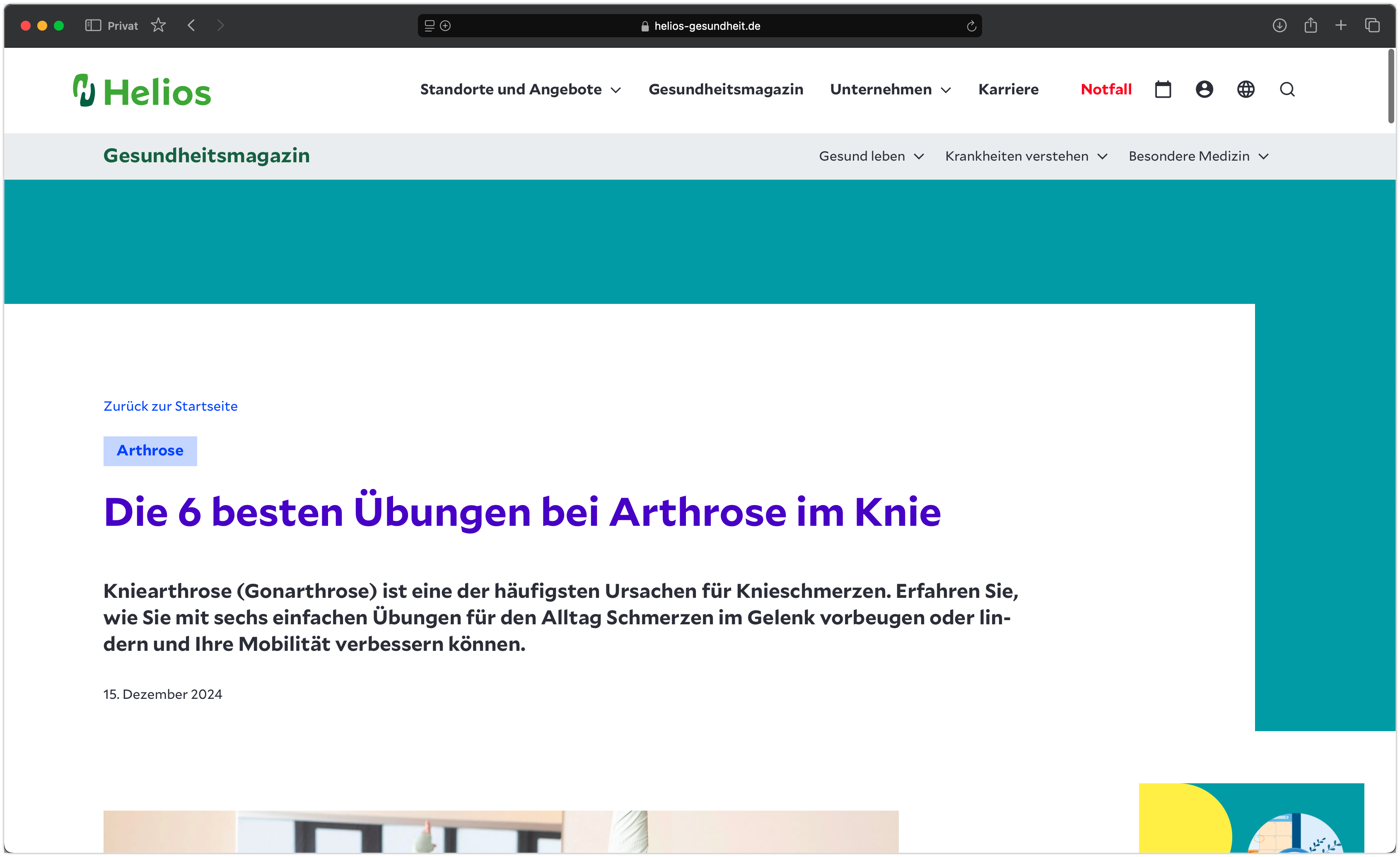 Screenshot des neuen Helios Gesundheitsportals.