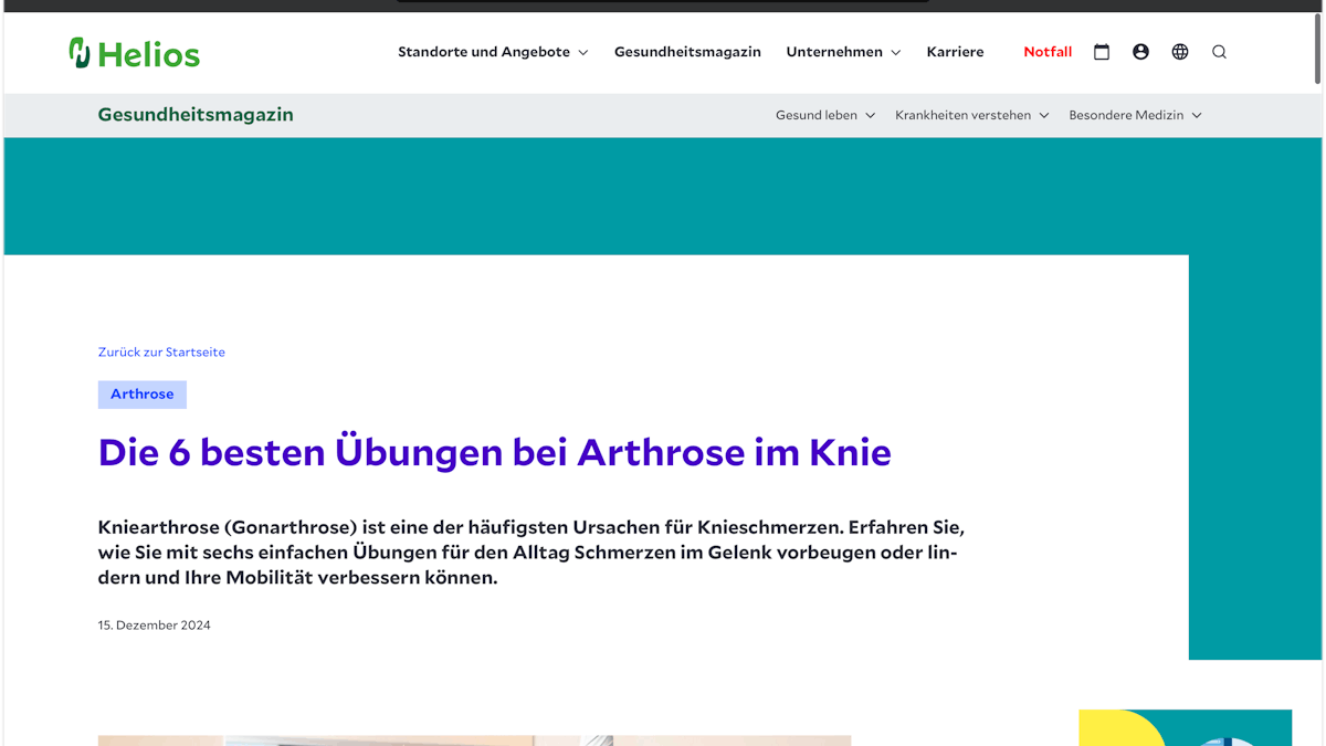 Screenshot des neuen Helios Gesundheitsportals.