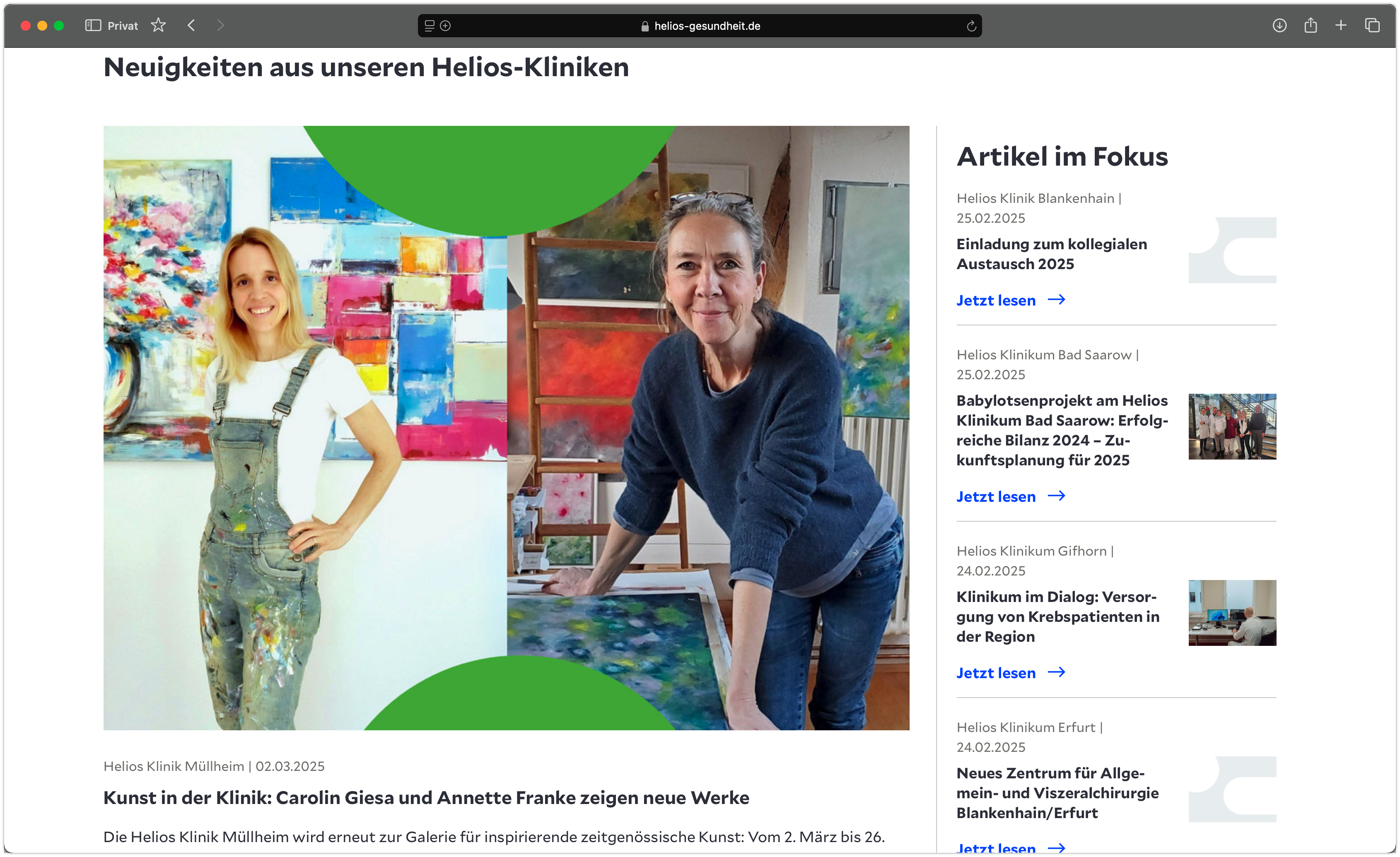 Screenshot des neuen Helios Gesundheitsportals.
