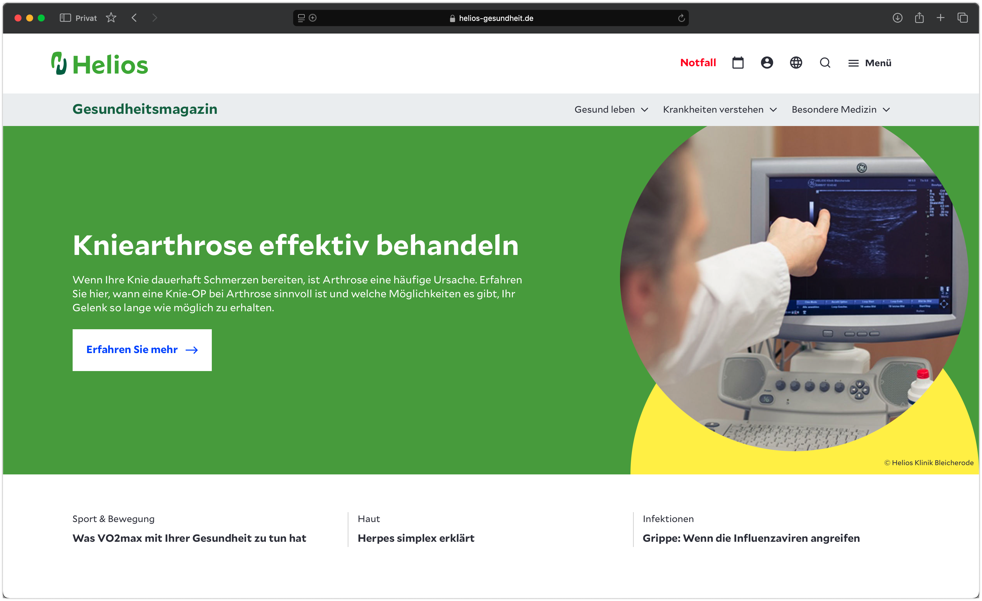 Screenshot des neuen Helios Gesundheitsportals.