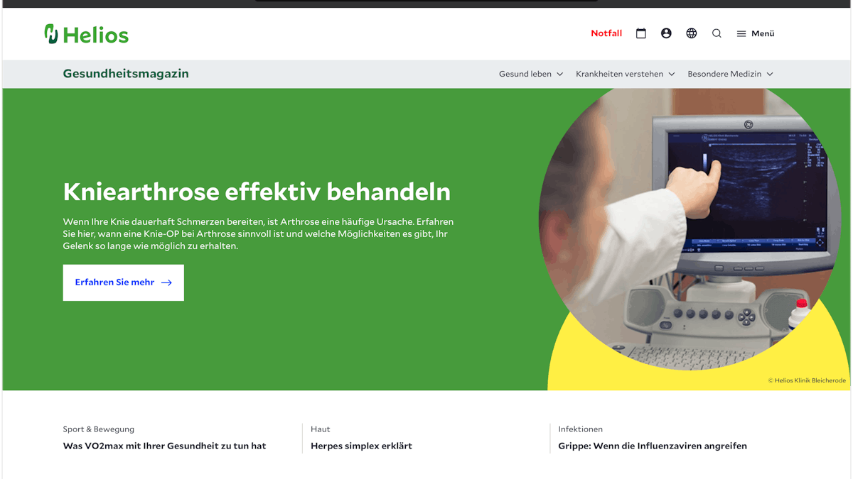 Screenshot des neuen Helios Gesundheitsportals.