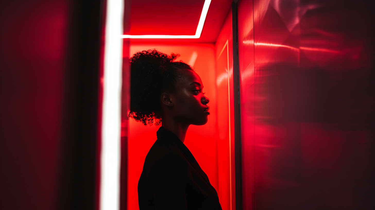 Eine Frau von der Seite, die in einem rot beleuchteten Raum steht.