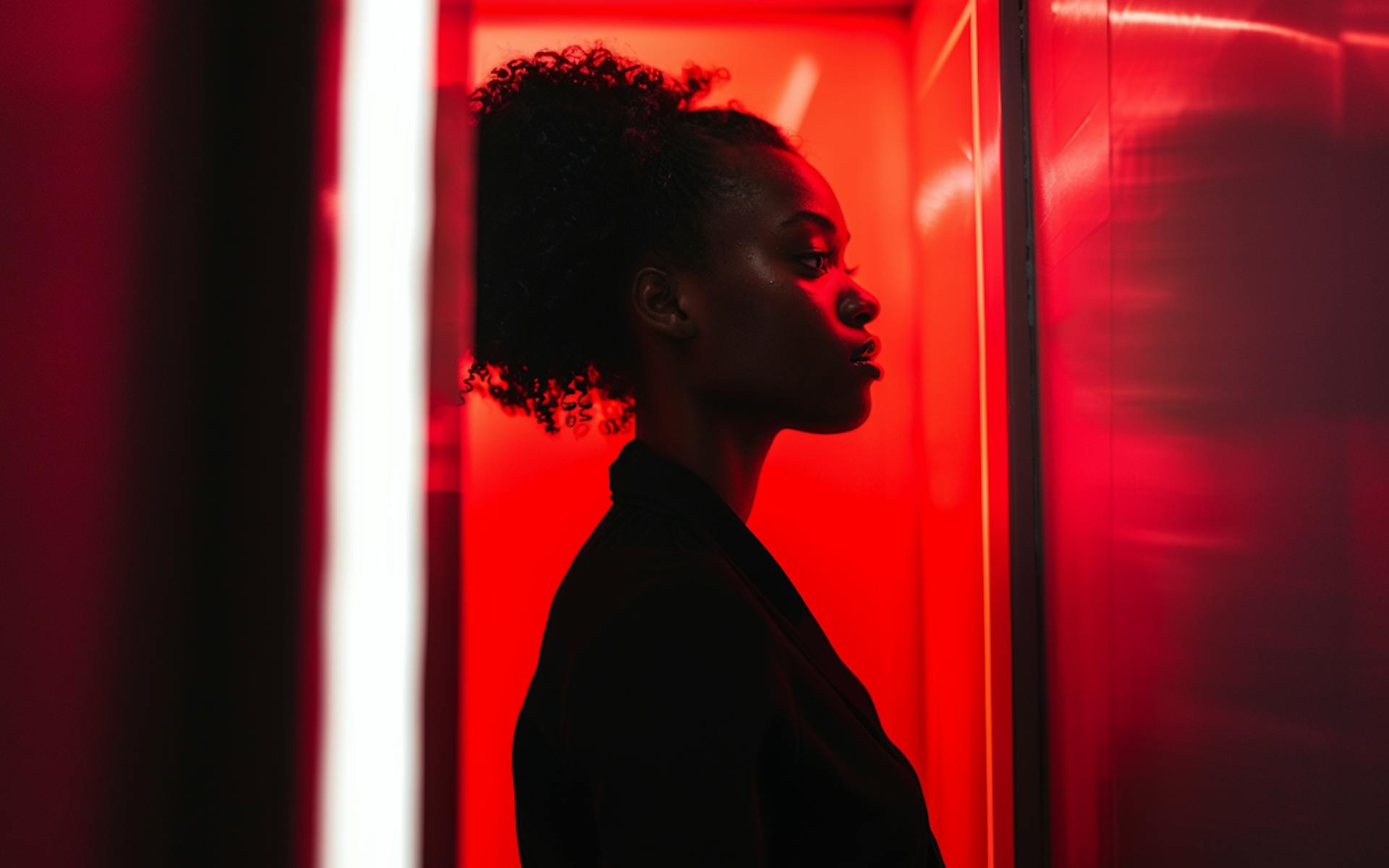 Eine Frau von der Seite, die in einem rot beleuchteten Raum steht.