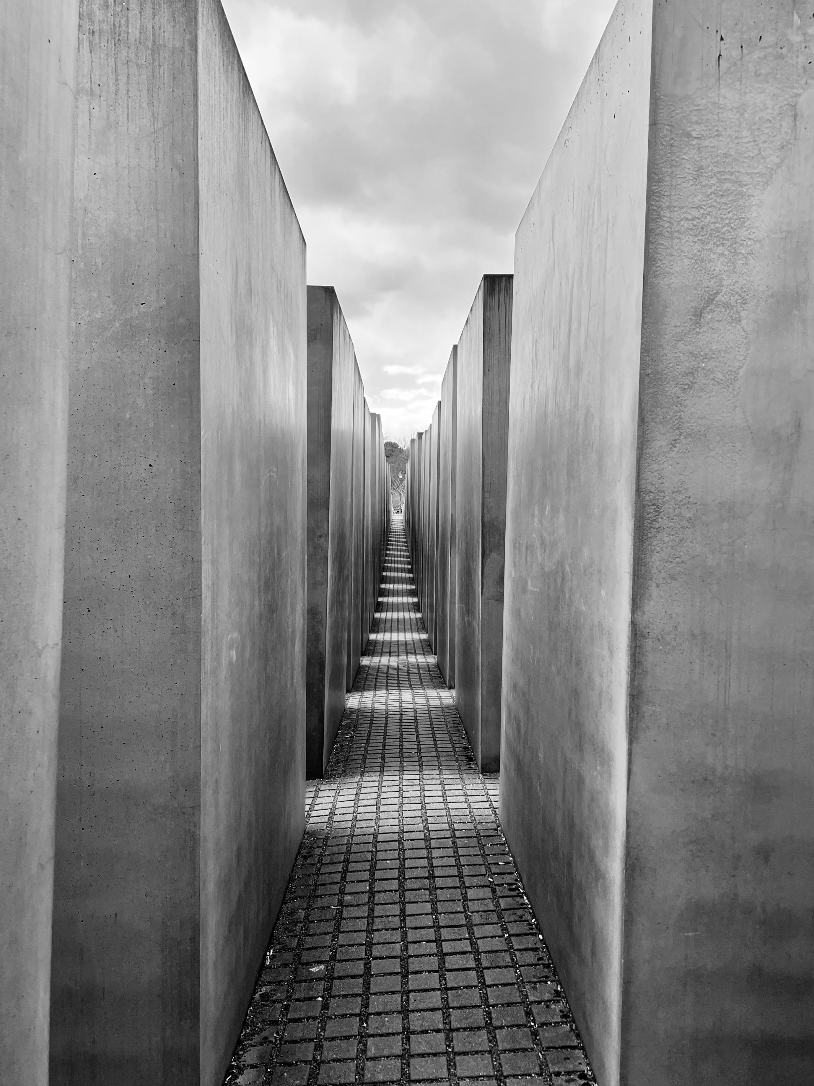 Ein gerader, langer Weg zwischen hohen Säulen.