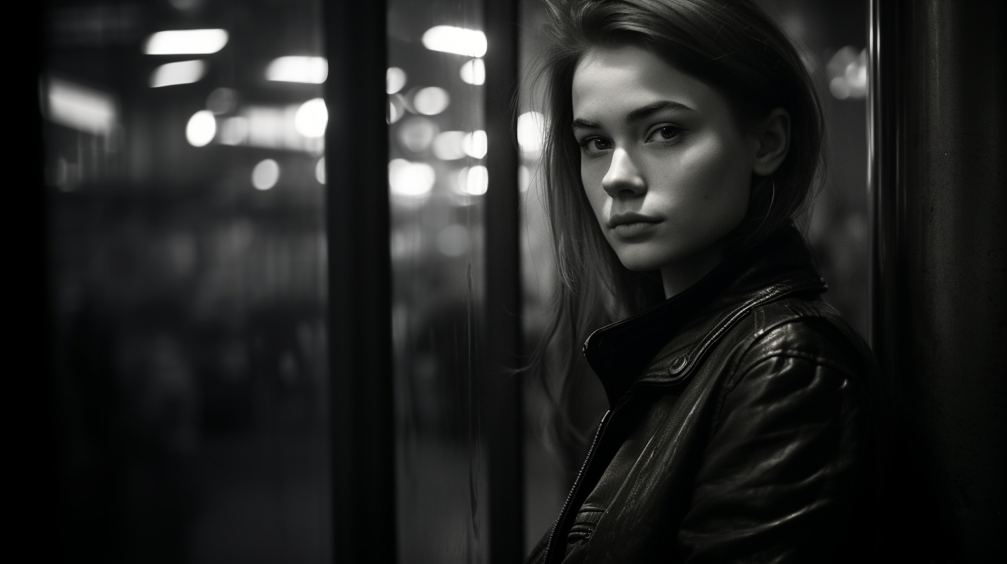 Frau in einer schwarzen Lederjacke blickt von der Seite in die Kamera.