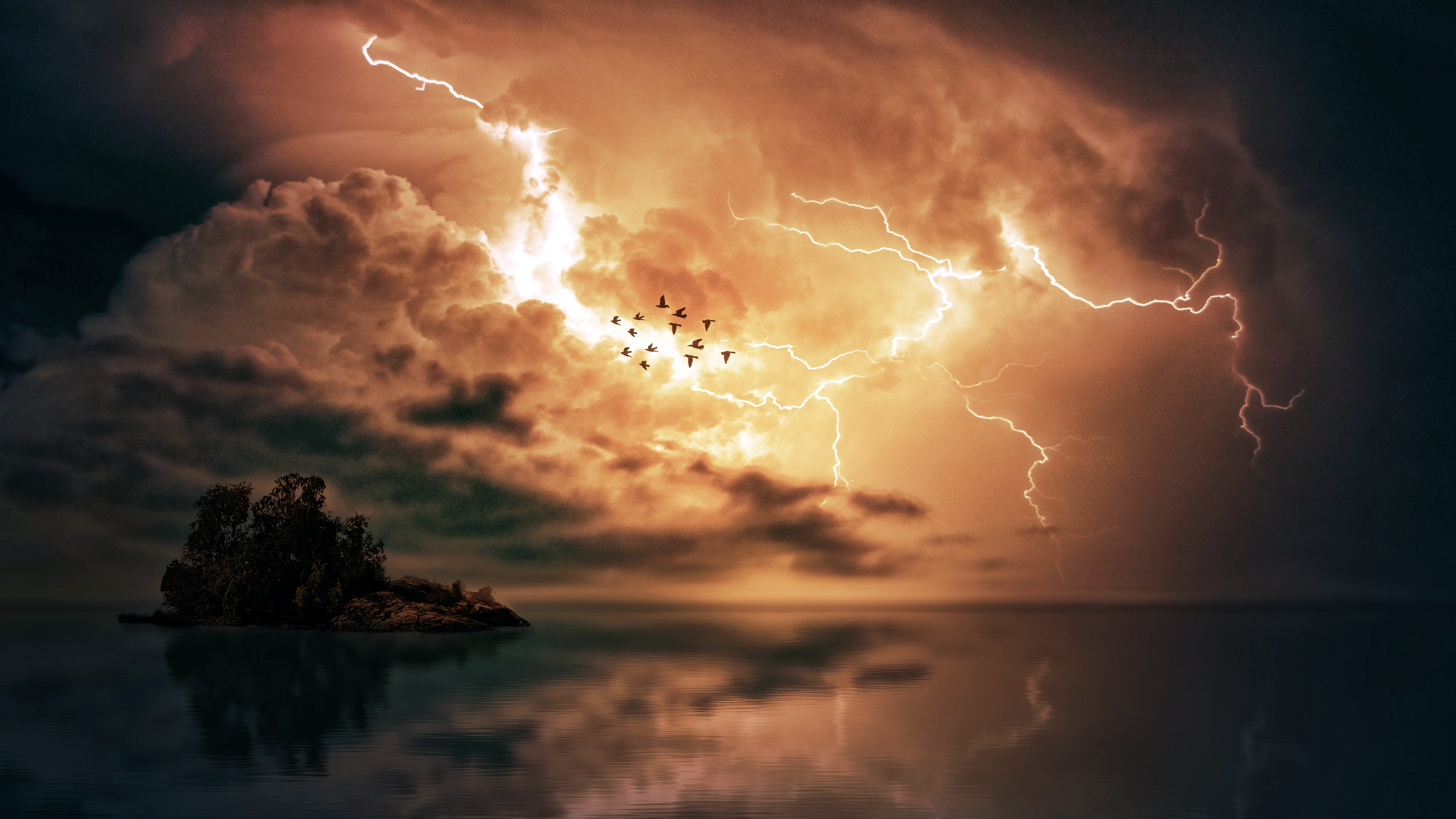 Blitze am Himmel mit Vögeln, spiegeln sich im Wasser.