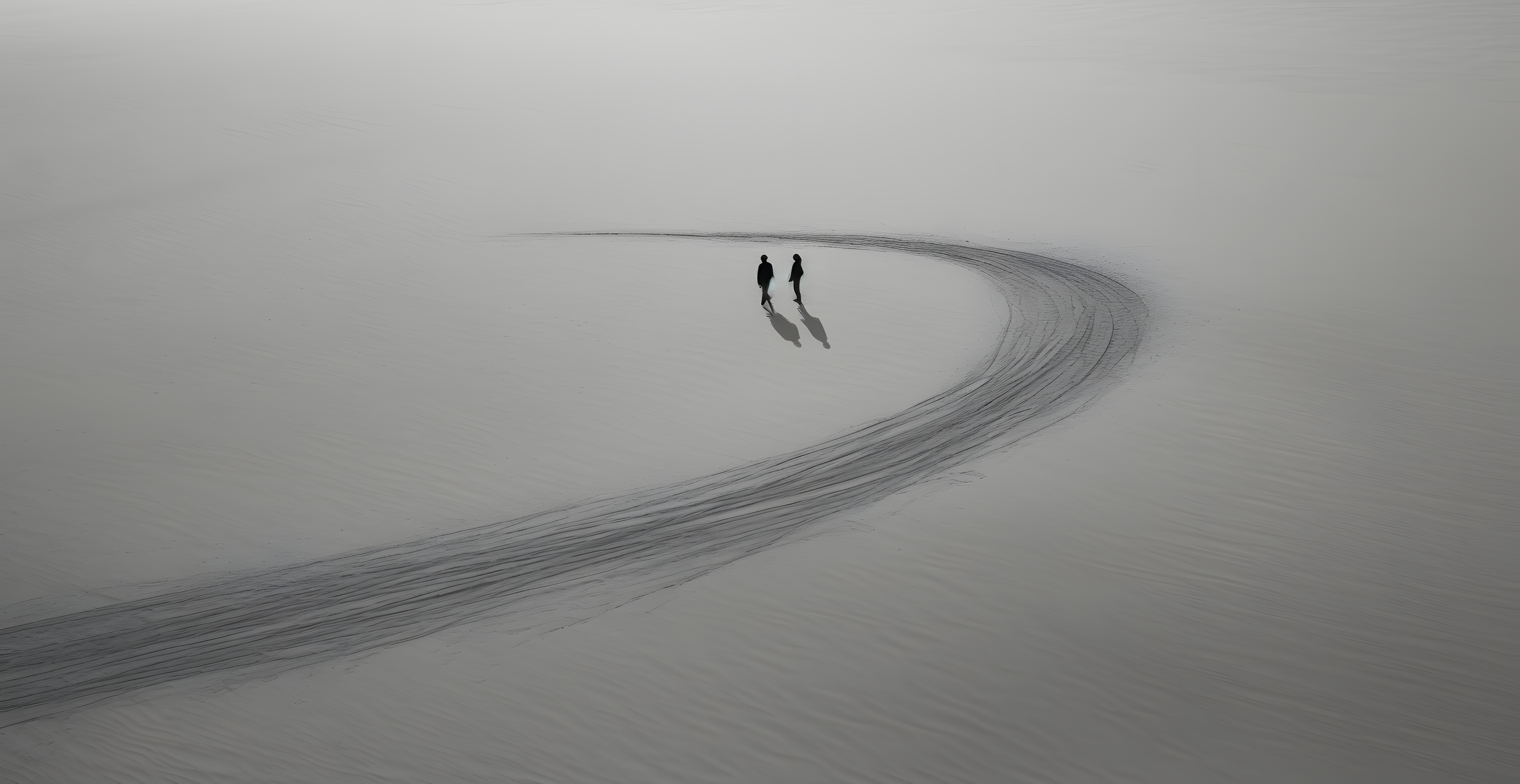 Eine weitläufige, wüstenähnliche Oberfläche, auf der zwei entfernte Personen lange Schatten werfen.