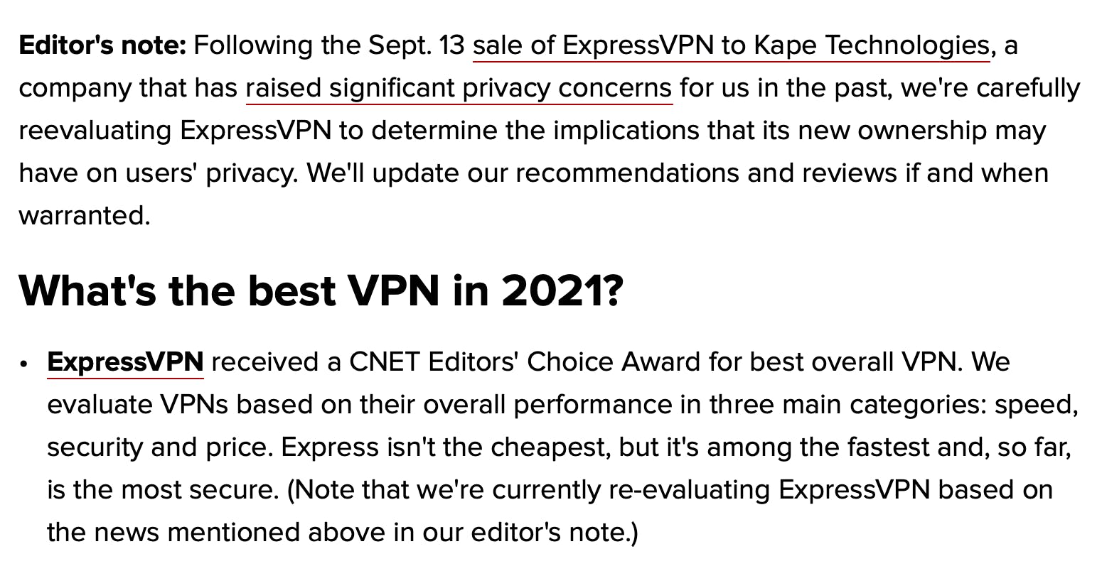 CNET Best VPNs article