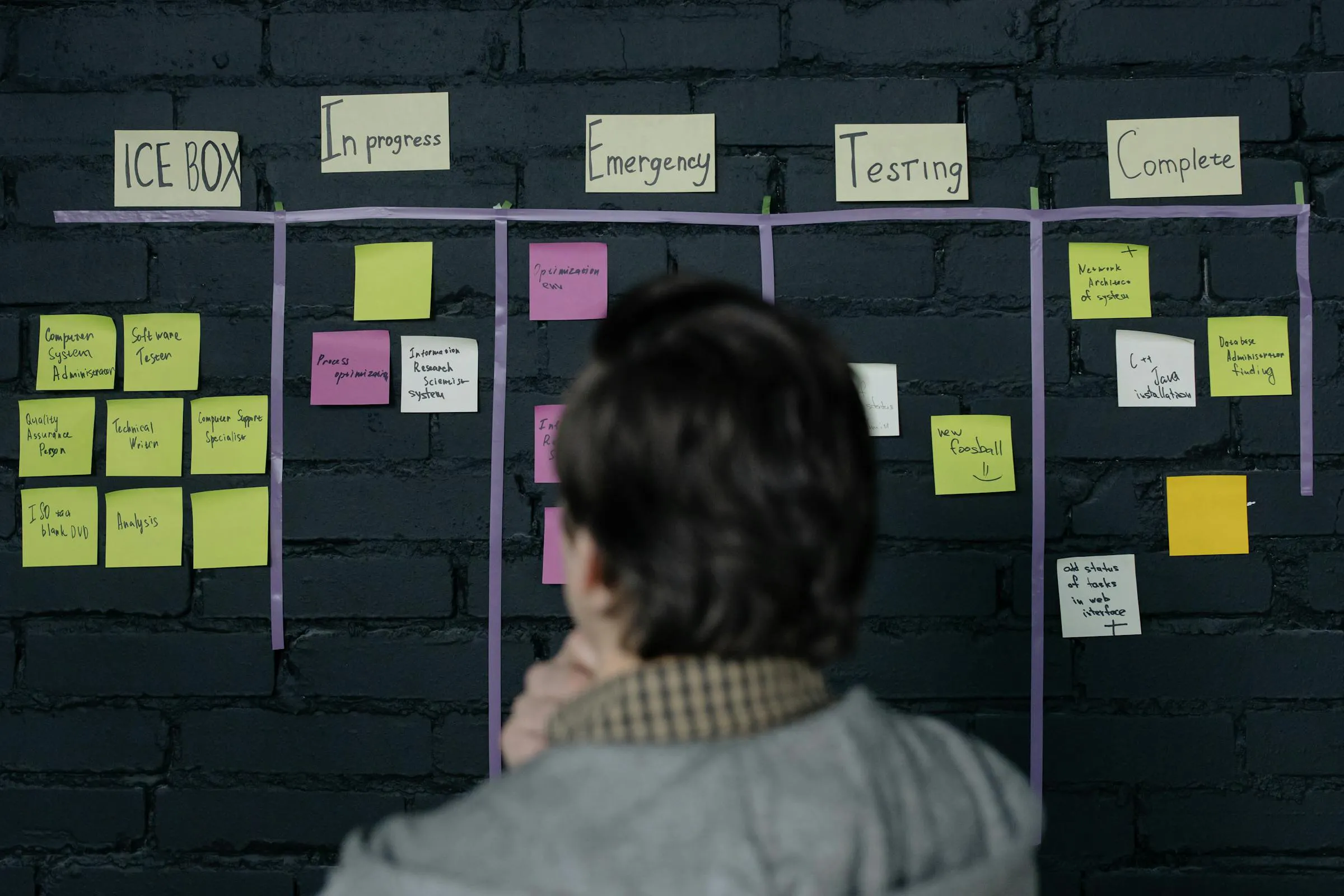 The real task board tells a different story than the slide hides: cards stuck for weeks in the same status