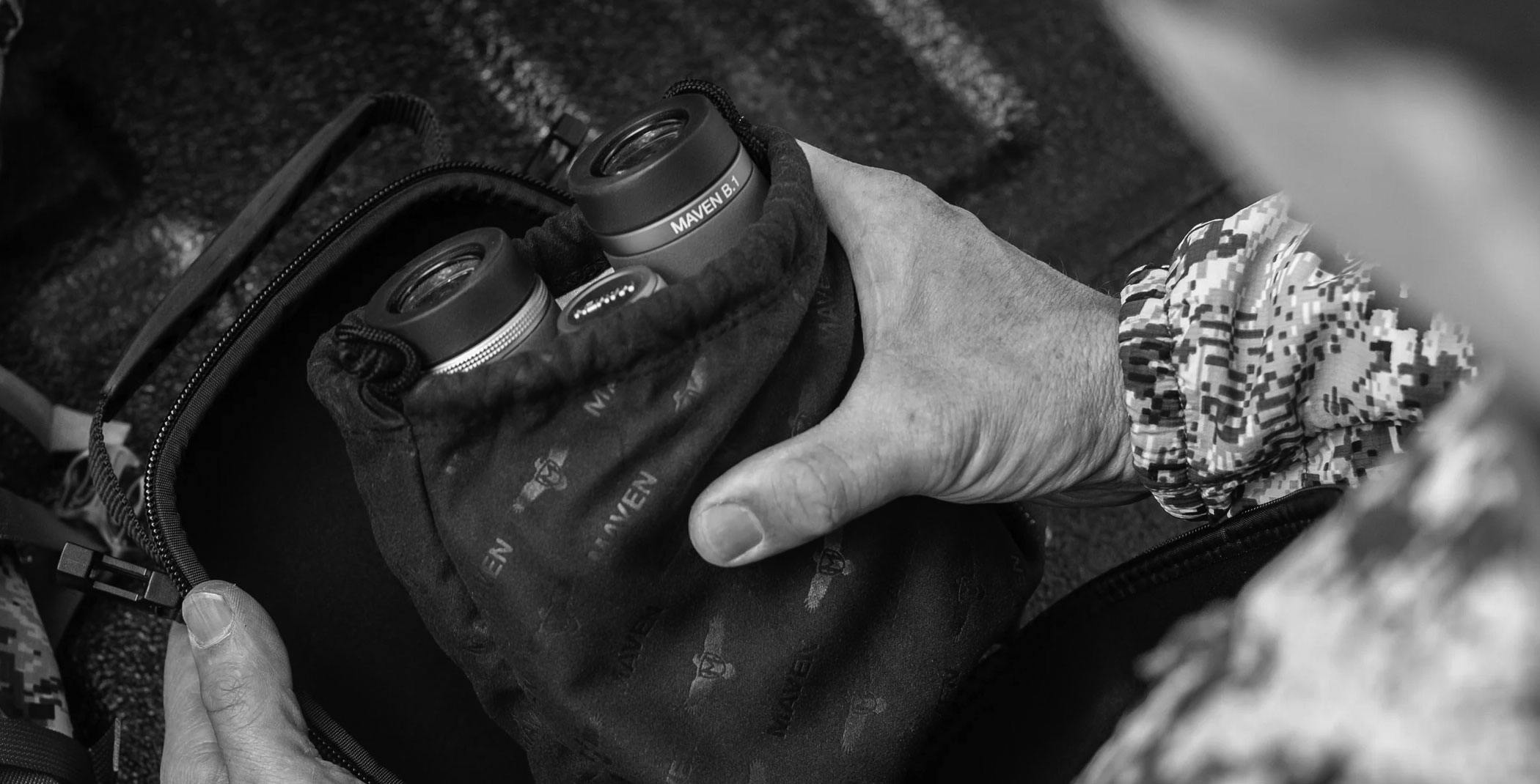 Maven binoculars in a case