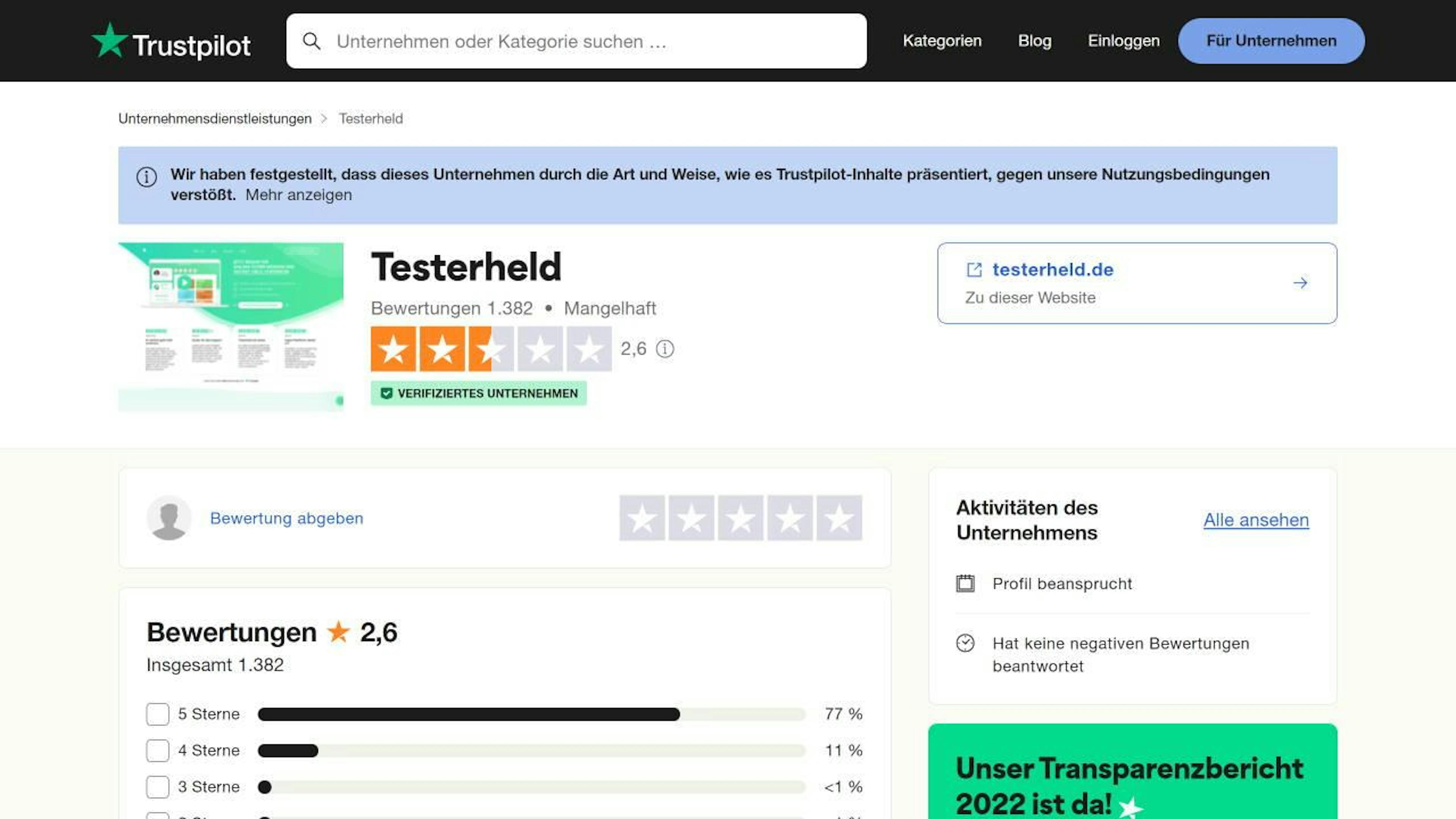 Quelle: Trustpilot (https://de.trustpilot.com/review/testerheld.de)