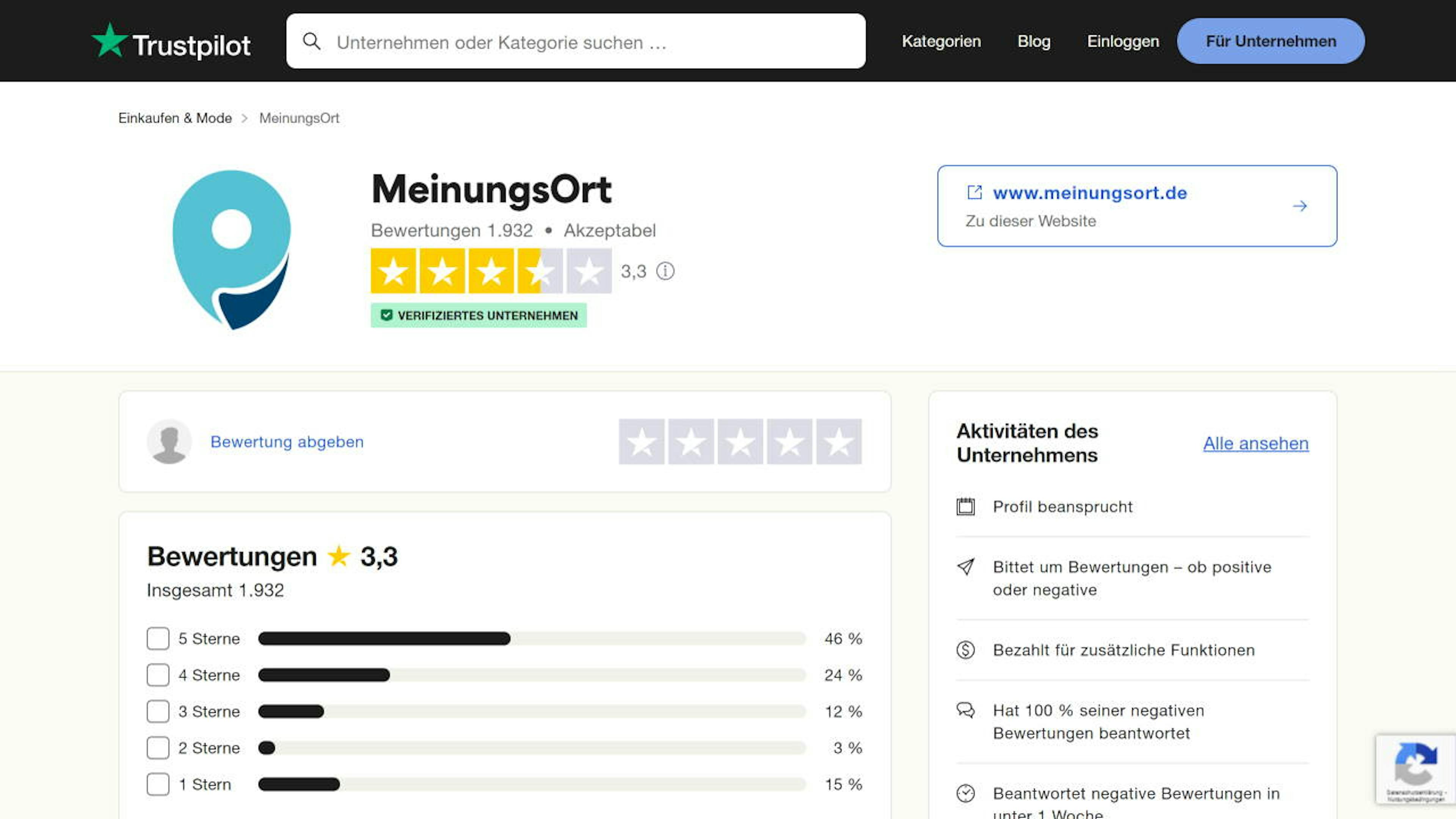 Quelle: Trustpilot (https://de.trustpilot.com/review/www.meinungsort.de)