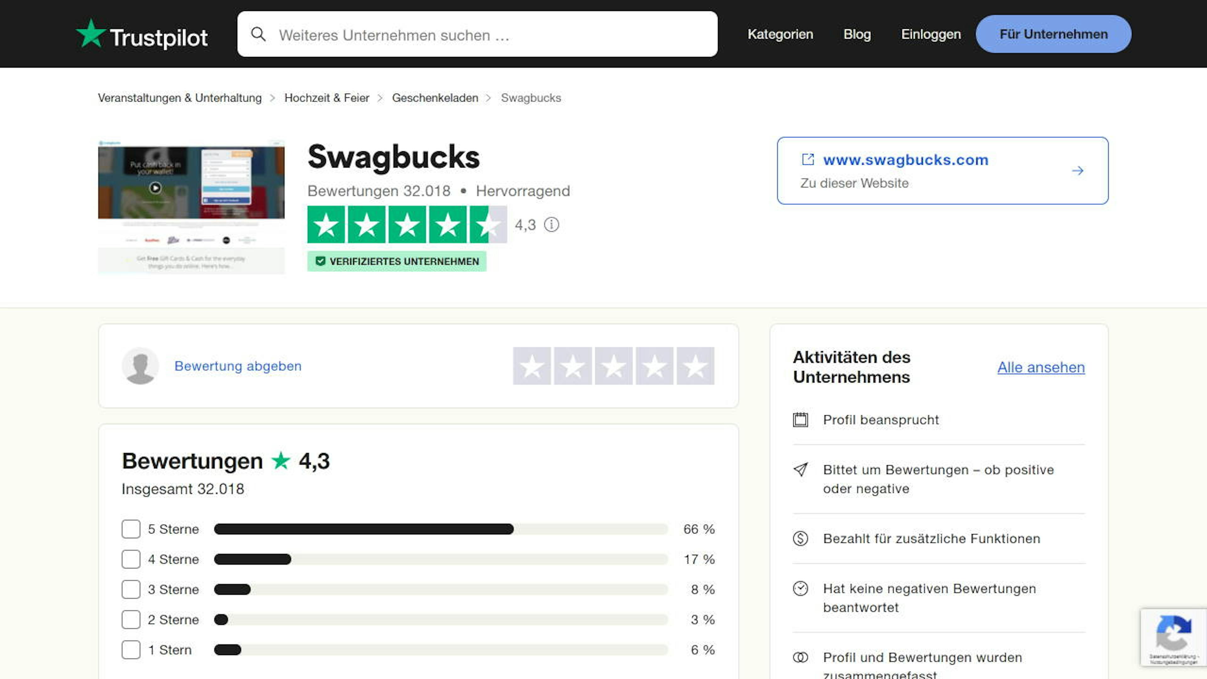 Quelle: Trustpilot (https://de.trustpilot.com/review/www.swagbucks.com)