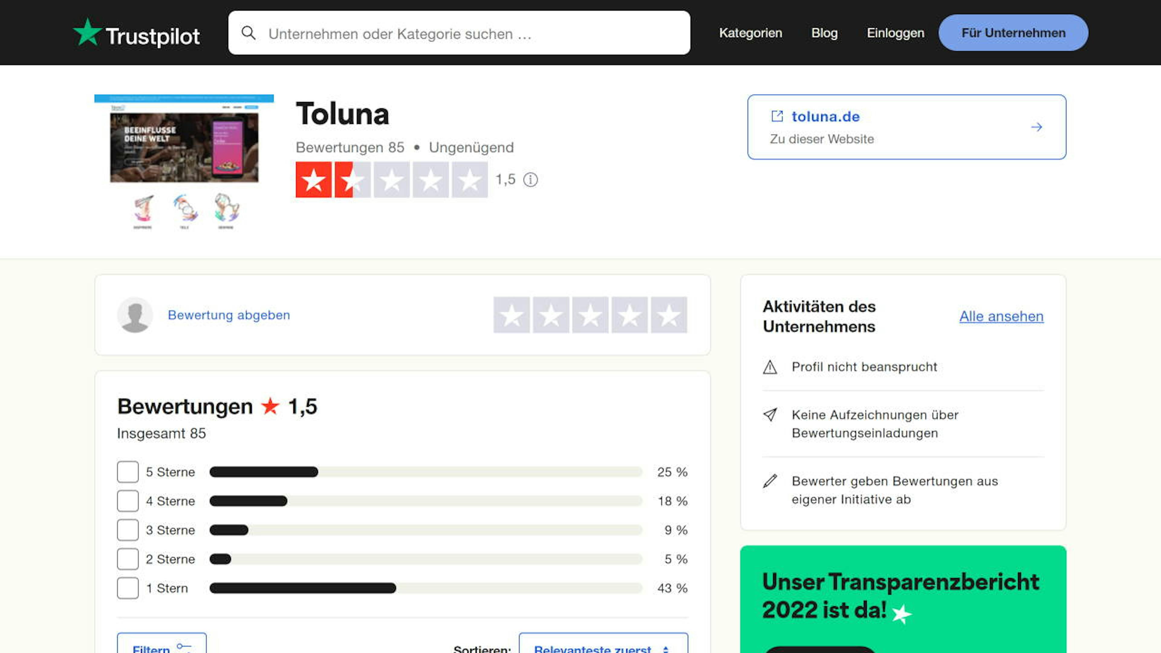 Quelle: Trustpilot (https://de.trustpilot.com/review/toluna.de)