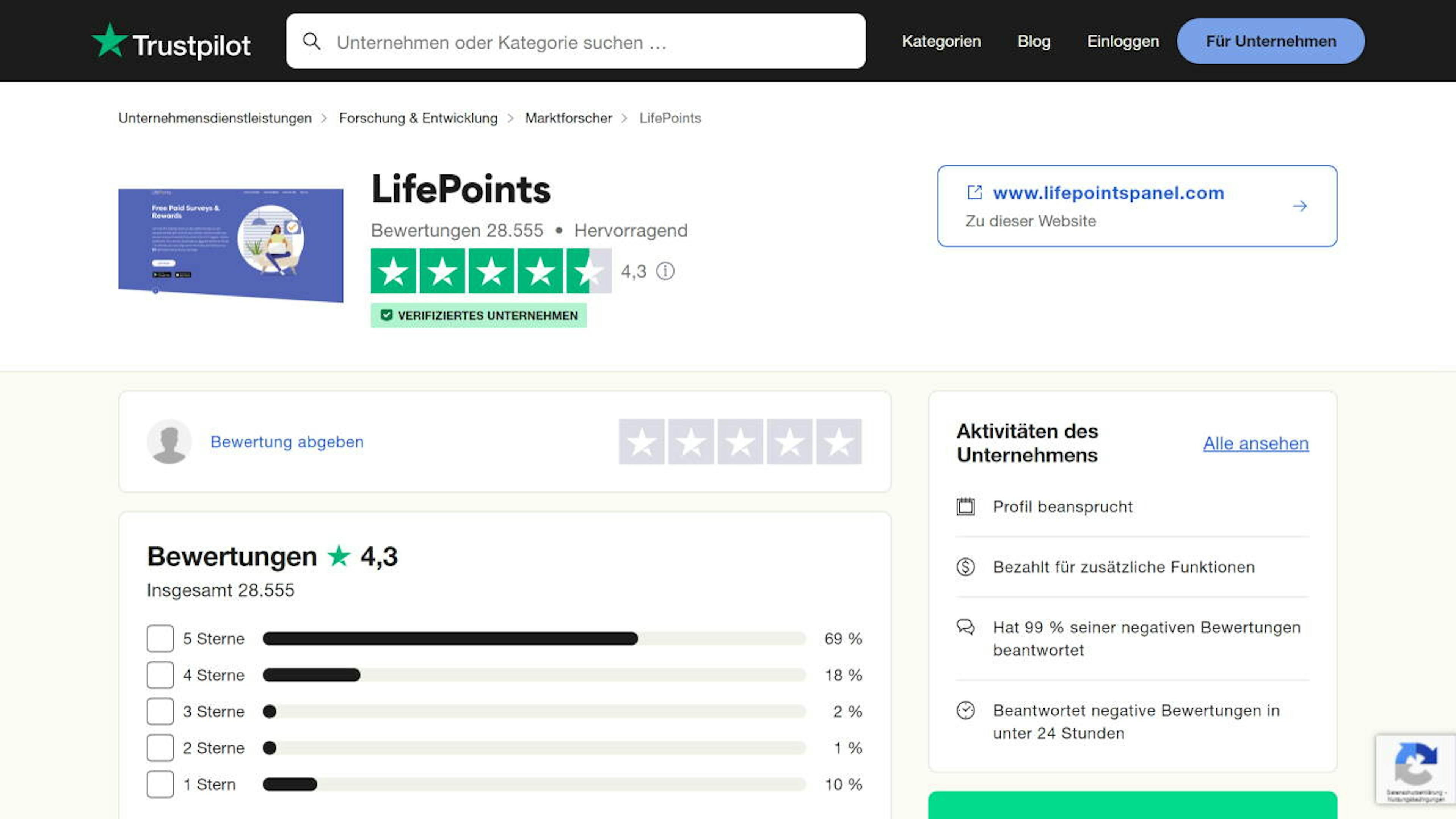 Quelle: Trustpilot (https://de.trustpilot.com/review/www.lifepointspanel.com)