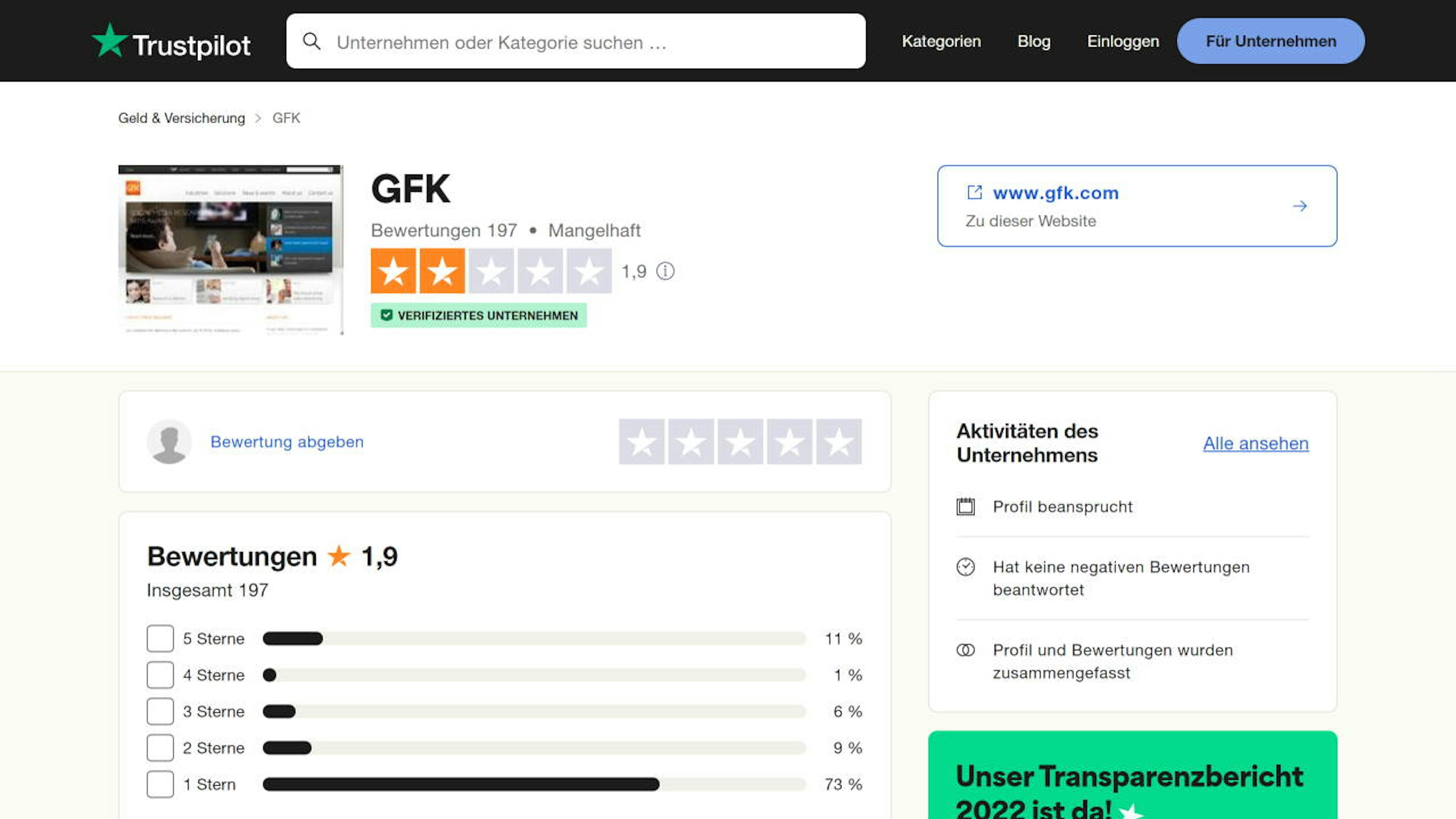 Quelle: Trustpilot (https://de.trustpilot.com/review/www.gfk.com)