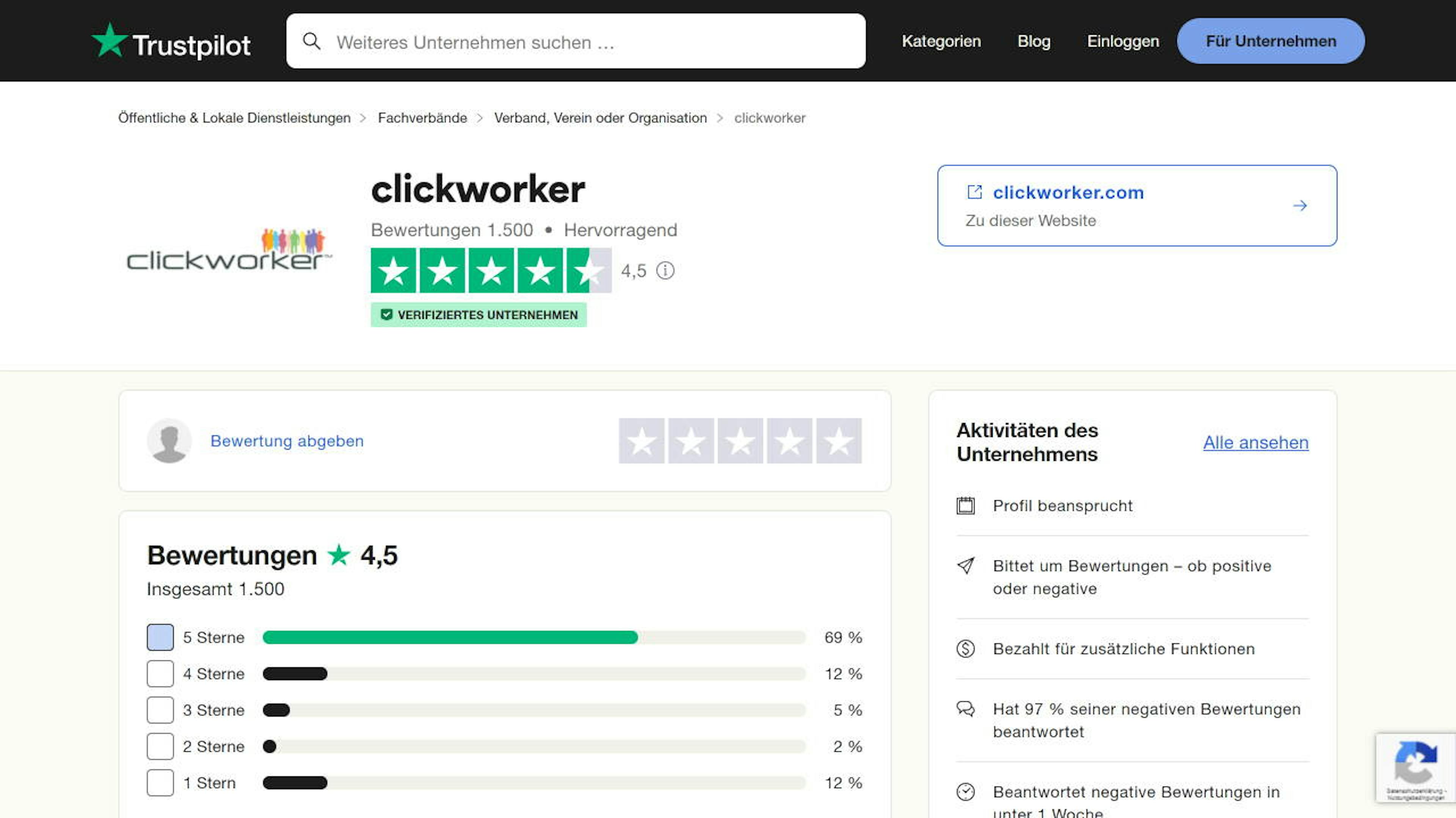 Quelle: Trustpilot (https://www.trustpilot.com/review/clickworker.com)