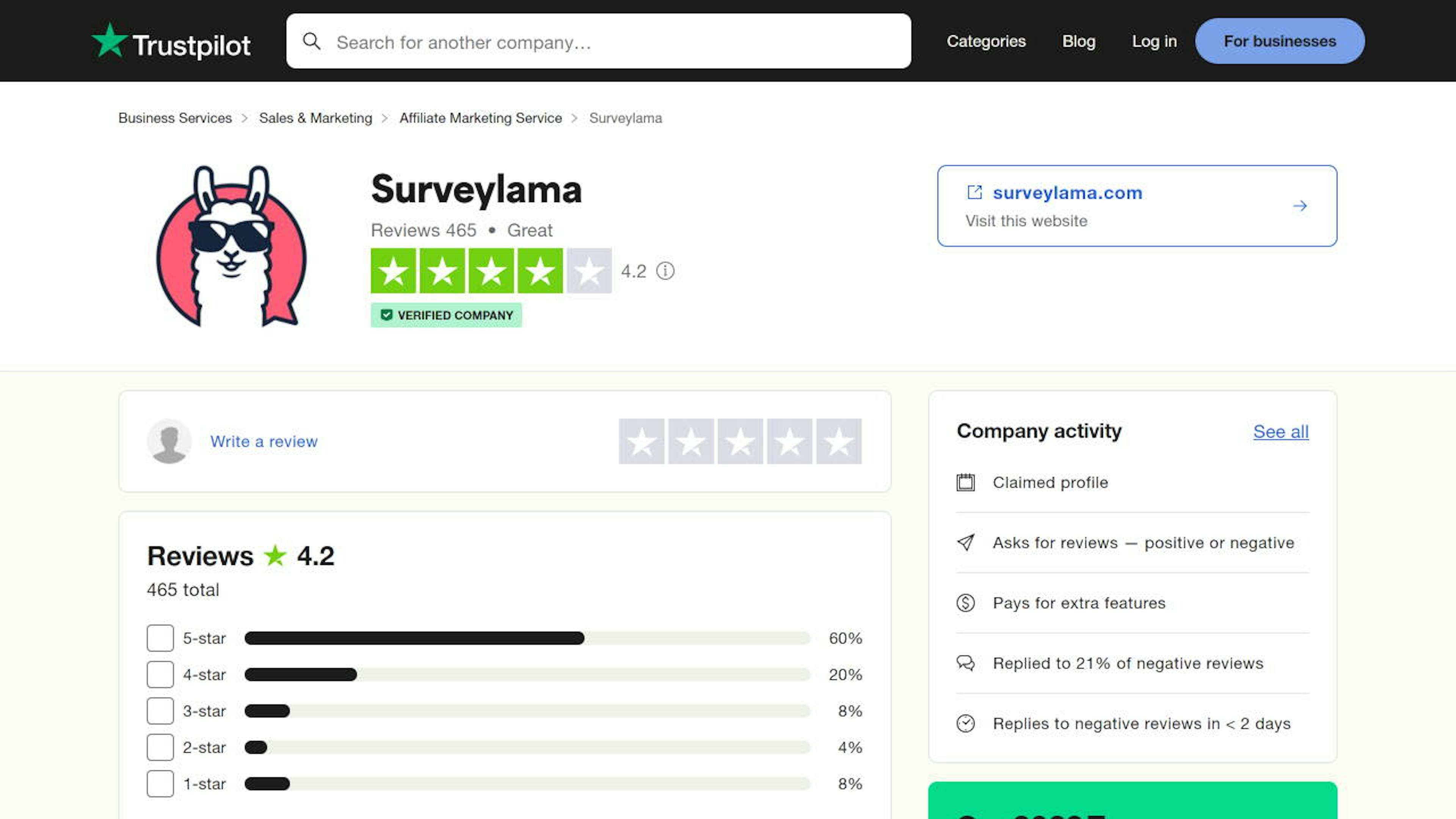 Quelle: Trustpilot (https://www.trustpilot.com/review/surveylama.com)