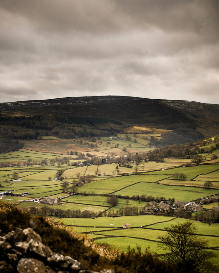 British countryside showing hedgerows with large hill in the background
