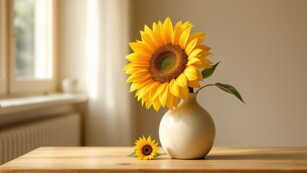 Sonnenblume mit goldgelben Blütenblättern und dunkelbrauner Mitte in cremefarbener Vase – Sonnenblume Bedeutung und Symbolik