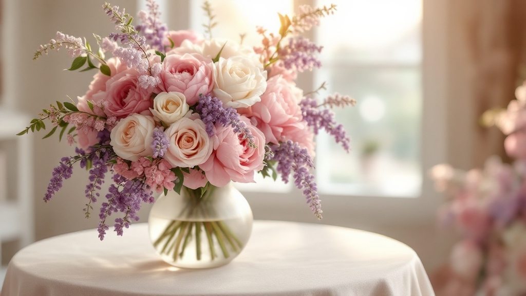 Festlicher Strauß mit rosa Pfingstrosen und Gartenrosen in Glasvase – perfekte Blumen zum 70. Geburtstag verschicken