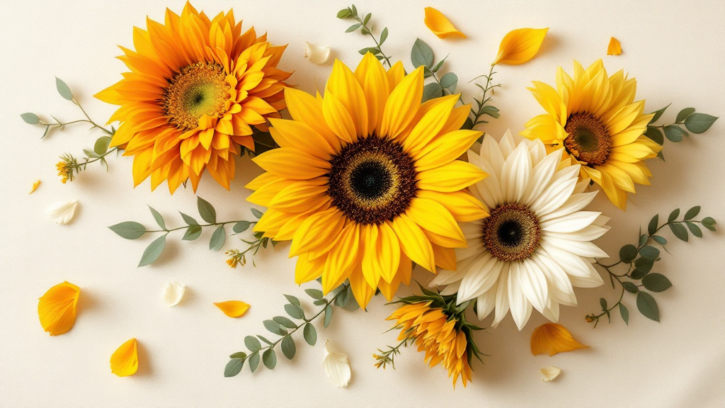 Drei Sonnenblumensorten in Gold, Orange und Cremeweiß als Flat-lay auf weißem Leinen – Sonnenblume für jeden Anlass