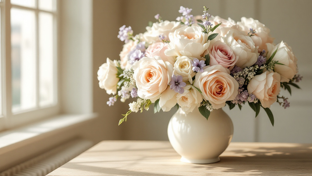 Festlicher Strauß aus rosafarbenen Rosen, weißen Pfingstrosen und Freesien in cremefarbener Vase – perfekt zum 90. Geburtstag