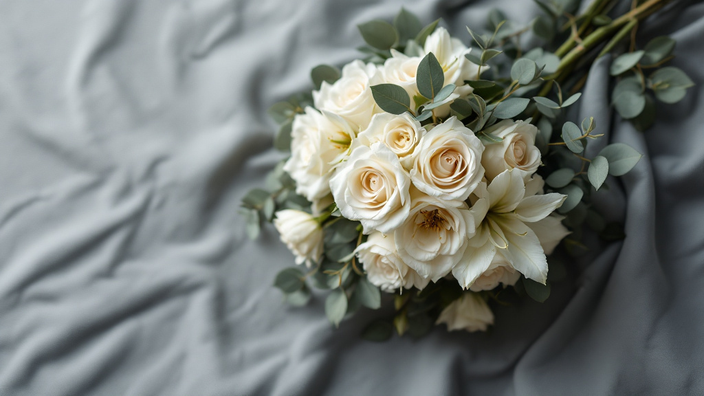 Beileid Blumen Bedeutung: Weiße Rosen und Lilien auf grauem Leinenstoff als stilles Trauergebinde