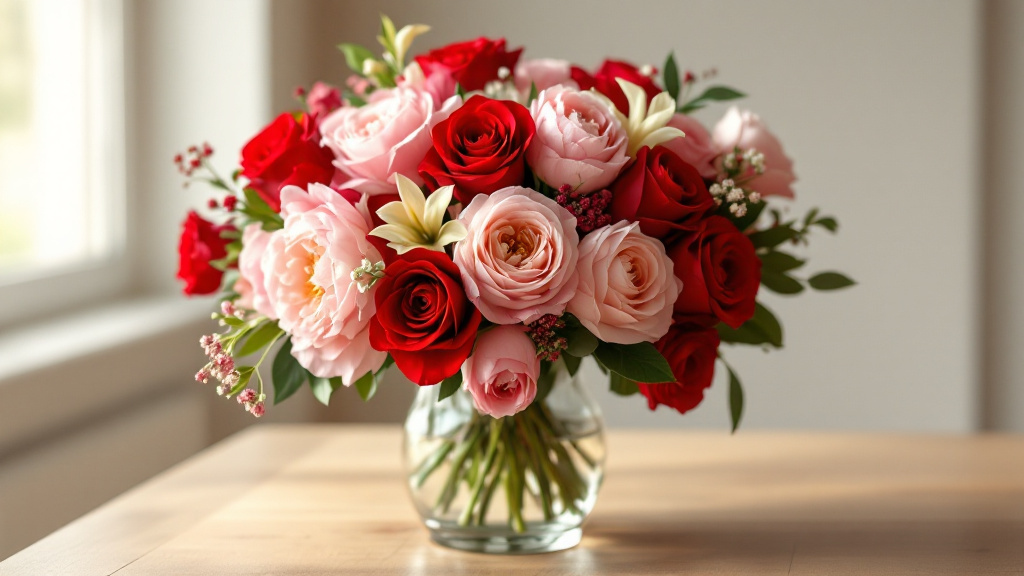 Festlicher Geburtstagsstrauß mit roten Rosen, rosa Pfingstrosen und weißen Freesien – beliebteste Blumen zum 70. Geburtstag