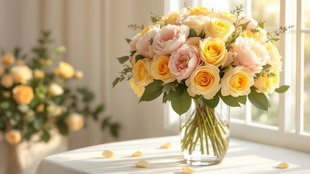 Üppiger Geburtstagsstrauß mit goldgelben Rosen und rosafarbenen Pfingstrosen in Glasvase – Blumen zum 50. Geburtstag bestellen