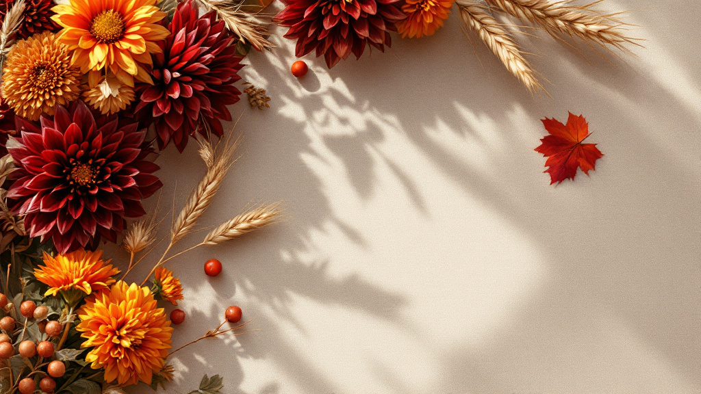 Herbstliche Blumen-Flatlay mit burgunderroten Dahlien, orangefarbenen Ringelblumen und Chrysanthemen auf cremefarbenem Leinenstoff