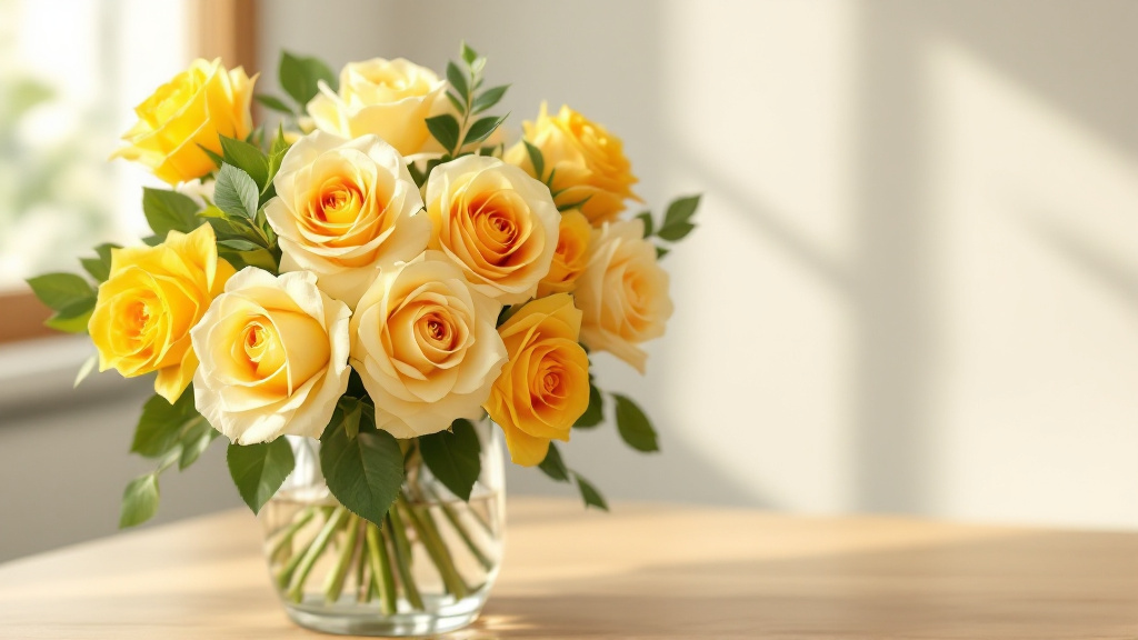 Gelbe Rosen in Glasvase auf Holztisch – strahlend gelbe Rosenblüten als fröhlicher Blumenstrauß für jeden Anlass