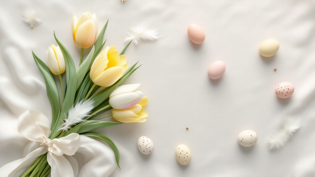 Pastellfarbene Tulpen in Gelb, Rosa und Weiß als Oster-Flat-lay mit Wachteleiern auf cremefarbenem Leinenstoff