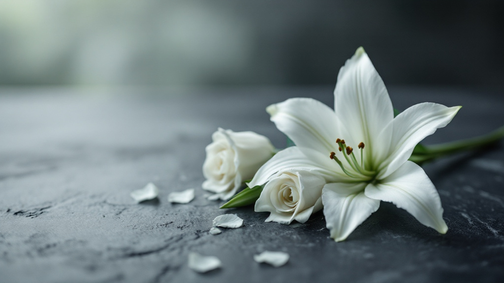 Weiße Lilien und Rosen auf grauem Schiefer – stille Blumenkomposition zum Beileid verschicken