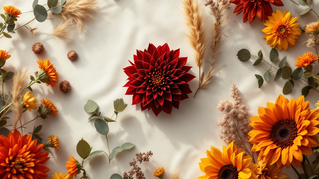 Autumn flower arrangement with burgundy dahlias, orange chrysanthemums and sunflowers on cream linen fabric