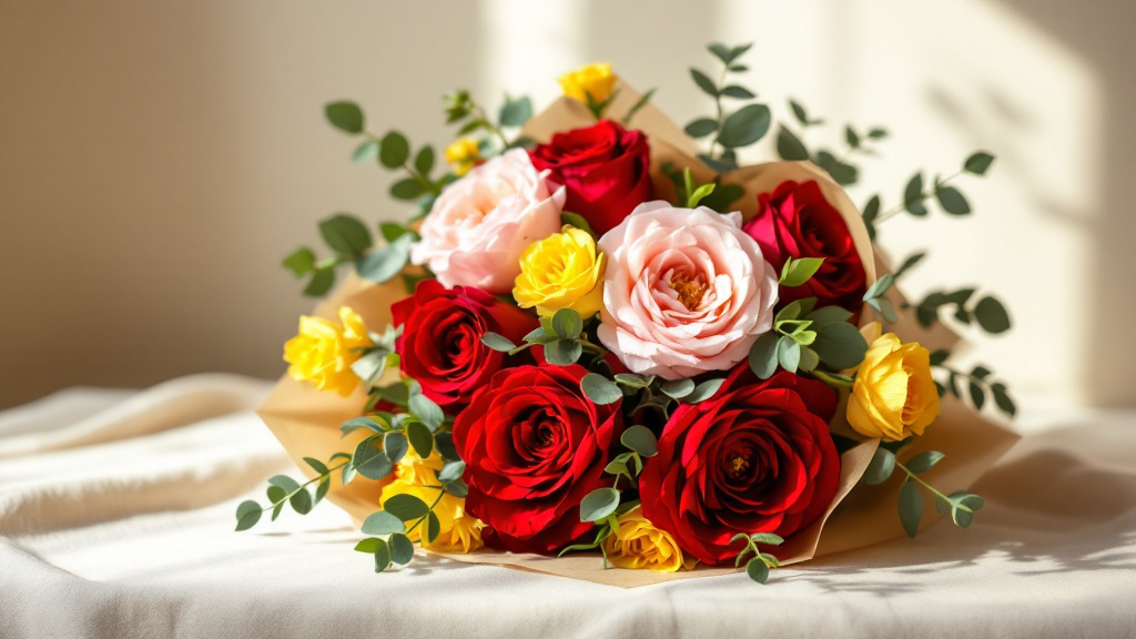 Festlicher Strauß mit roten Rosen, rosa Pfingstrosen und goldenen Ranunkeln – beliebteste Blumen zum 40. Geburtstag