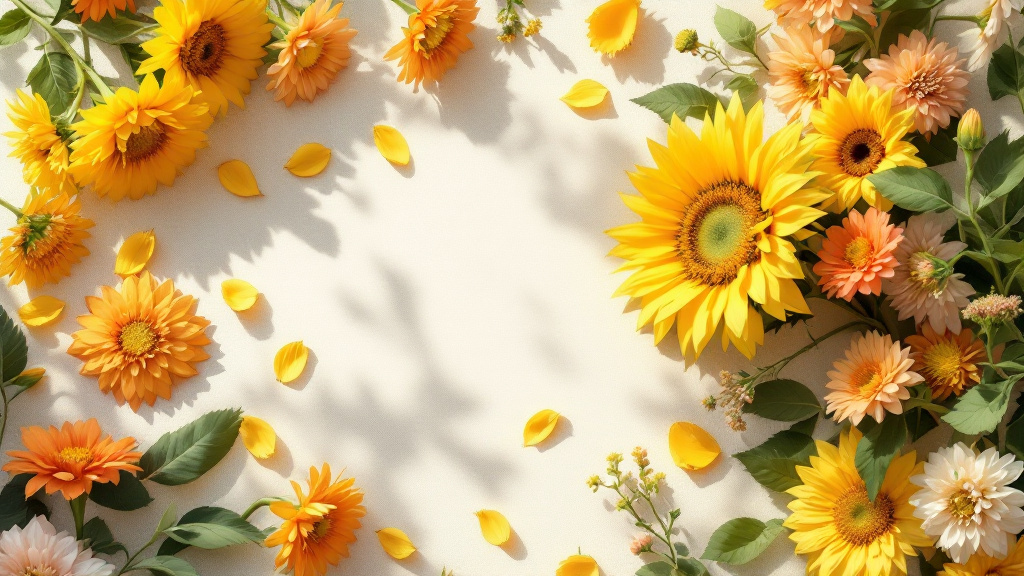 Sonnenblumen, Zinnien und Dahlien in Gelb, Koralle und Pfirsich als Flat-Lay auf cremefarbenem Leinenstoff – Sommerblumen Bedeutung