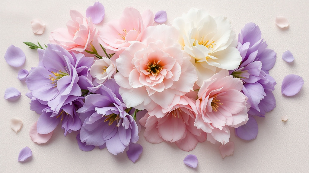 Lisianthus-Blüten in Lavendel, Rosa und Weiß als Flat-lay – elegante Sortenvielfalt für jeden Anlass