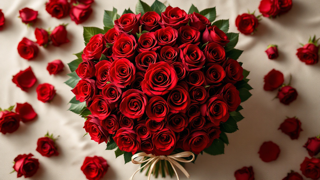 Üppiger Strauß mit 100 roten Rosen in sattem Karmesinrot auf cremefarbenem Leinentuch im weichen Tageslicht