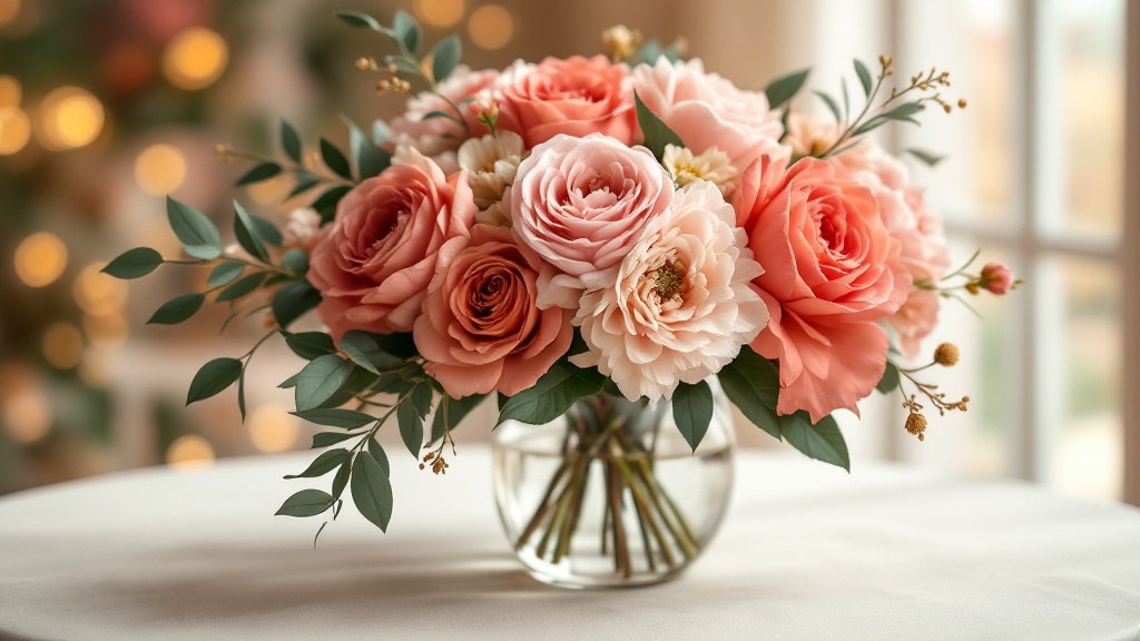 Festlicher Geburtstagsstrauß mit korallenroten Rosen und rosa Pfingstrosen in Glasvase – perfekt zum 30. Geburtstag Anlass