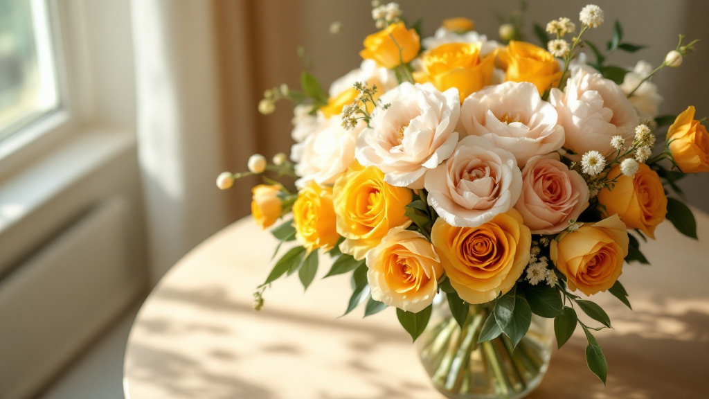Festlicher Blumenstrauß mit goldgelben Rosen, Pfingstrosen und Freesien zum 60. Geburtstag in Glasvase