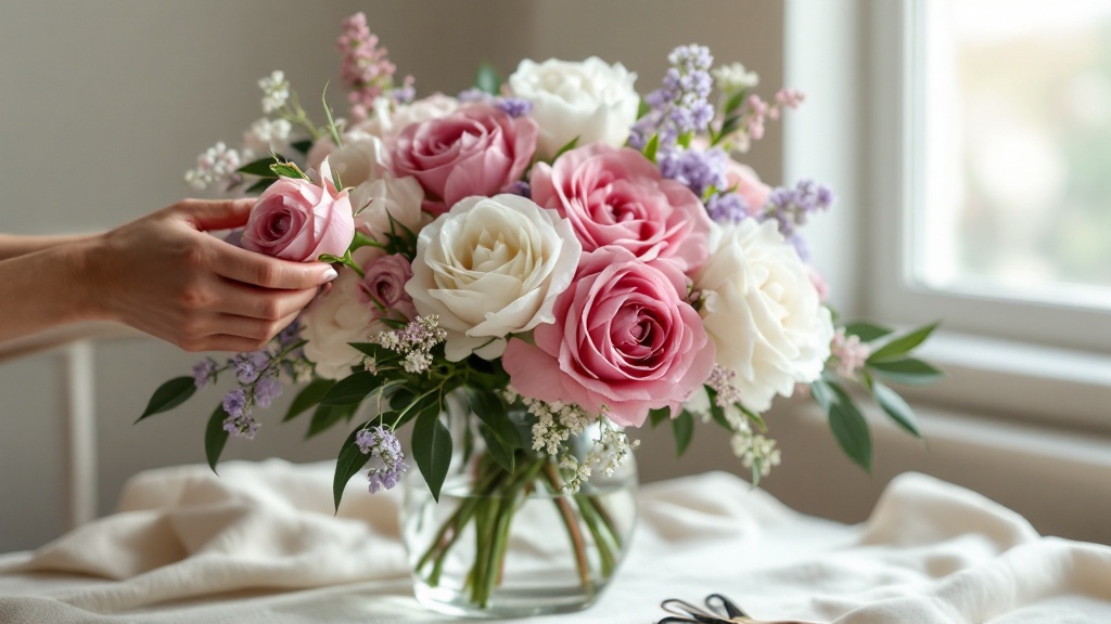Üppiger Geburtstagsstrauß mit rosafarbenen Rosen und weißen Pfingstrosen in Glasvase – Tipps zur Pflege zum 50. Geburtstag