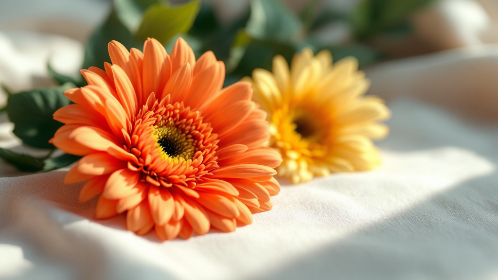 Drei farbenfrohe Gerbera in Orange, Gelb und Magenta auf cremefarbenem Leinenstoff — Gerbera Bedeutung und Symbolik