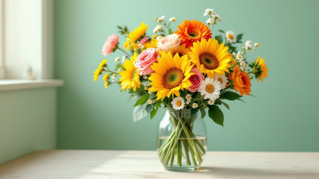 Bunter Kindergeburtstags-Blumenstrauß mit Sonnenblumen, Ranunkeln und Margeriten in einer Glasvase – schönste Blumen Geburtstag Kind