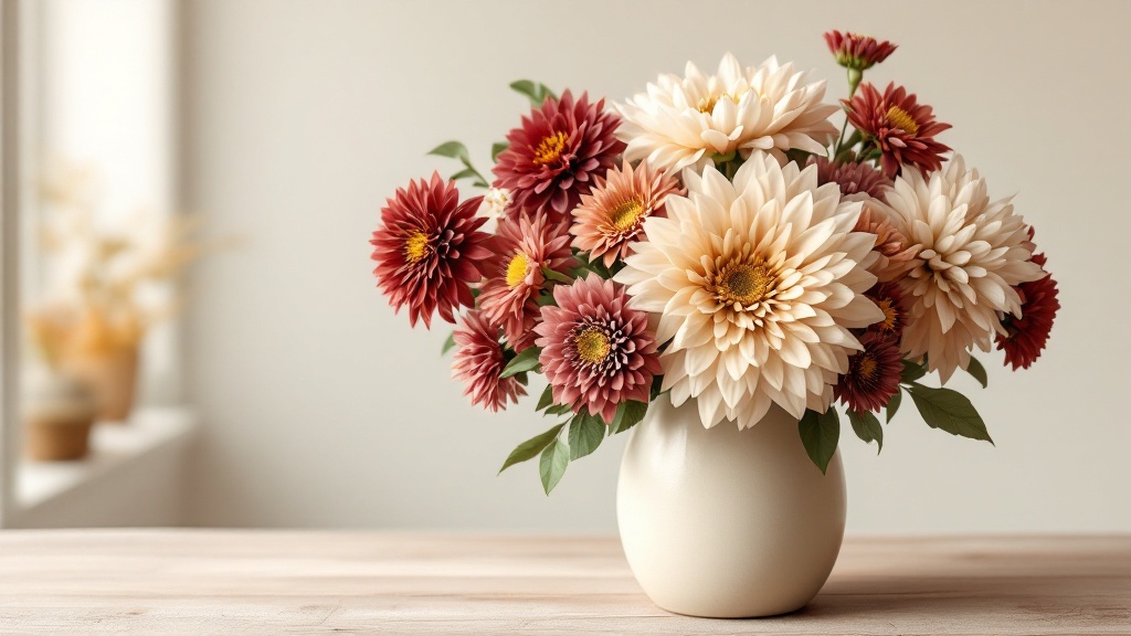 Chrysanthemen in Bordeaux, Amber und Creme in einer Keramikvase – farbenfrohe Vielfalt der Chrysanten im Herbst